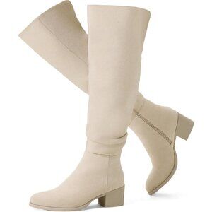 Women's Beige Suede Over The Knee Thigh High Chunky Block Heel Pointed Toe Boots